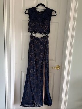 Sequin Hearts Navy Lace Two-Piece Prom Gown